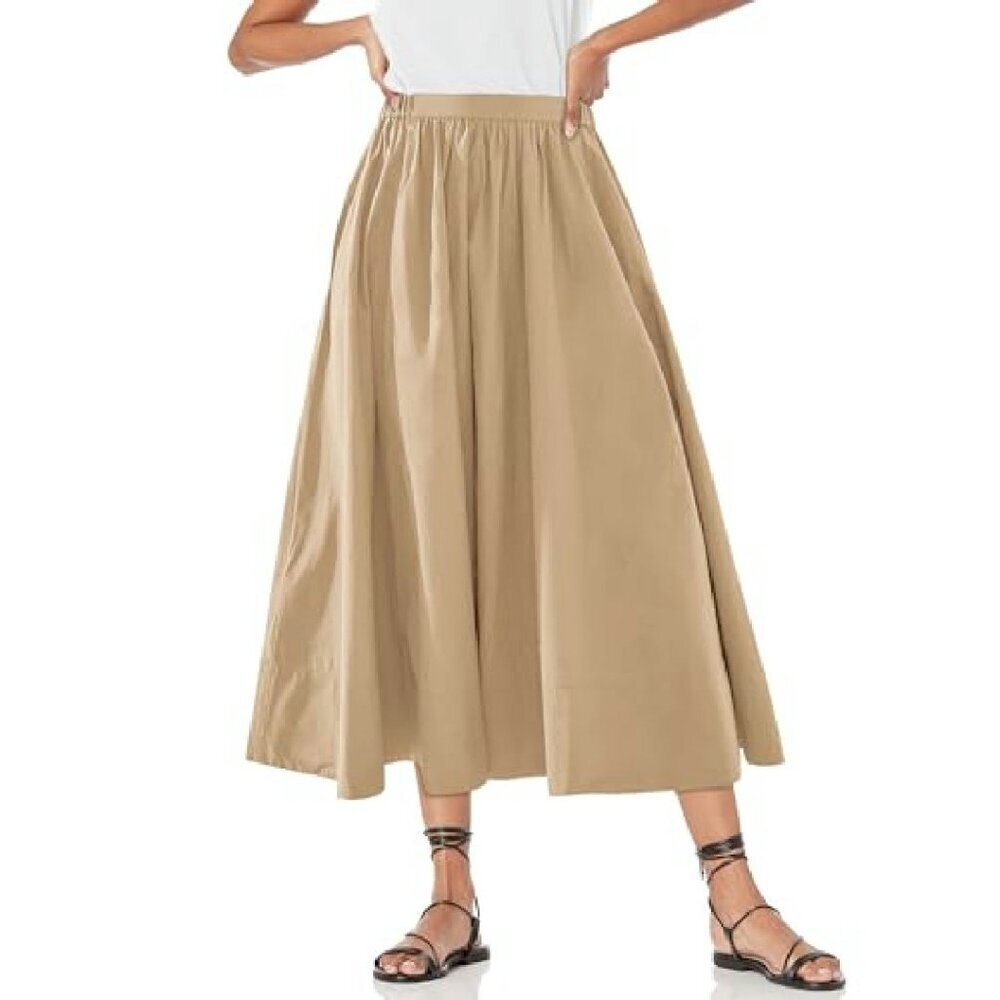 Women's A-Line Midi Skirt with Pocket, Elastic Waist, Flowy Polyester Blend - Picture 2 of 8